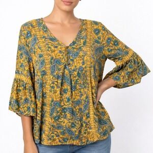 Aveology Paisley Floral Blouse Womens 22 24 Festival Cottagecore Bell Sleeve Top